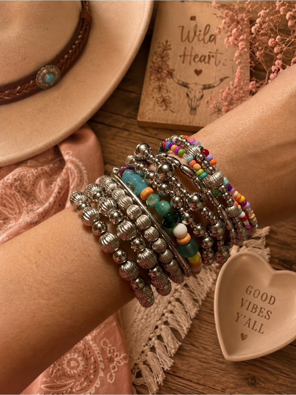 Plunder Stacked Silver & Multicolor Beaded Bracelets - Turquoise Cowgirl Westen